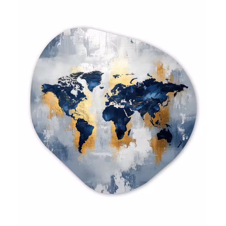 Wereldkaart - Blauw - Abstract Wandcirkel Organisch Plexiglas middel -3d