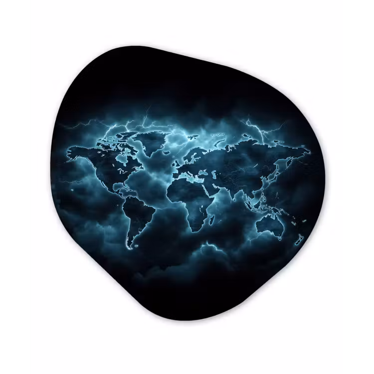 Wereldkaart - Bliksem - Blauw Wandcirkel Organisch Plexiglas middel -3d