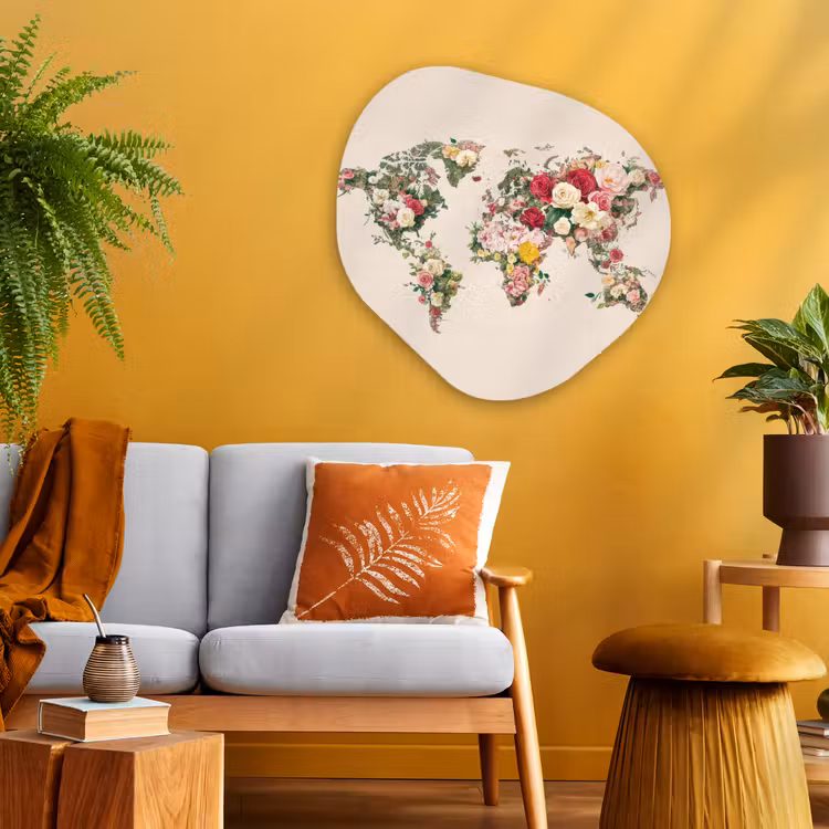 Wereldkaart - Bloemen - Roze Wandcirkel Organisch Plexiglas middel -sfeer4