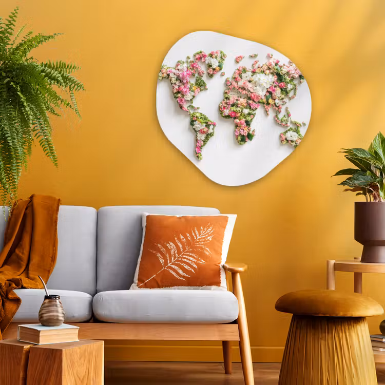 Wereldkaart - Bloemen - Subtiel Wandcirkel Organisch Plexiglas middel -sfeer4