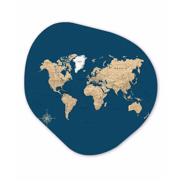 Wereldkaart - Donkerblauw - Beige Wandcirkel Organisch Plexiglas middel -3d