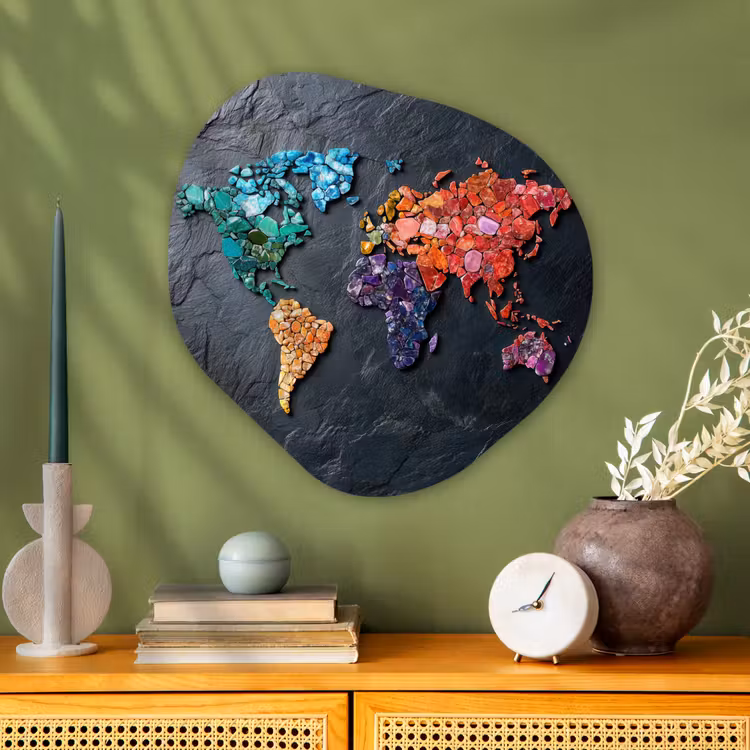 Wereldkaart - Edelstenen - Regenboog - Ruw Wandcirkel Organisch Plexiglas middel -sfeer2