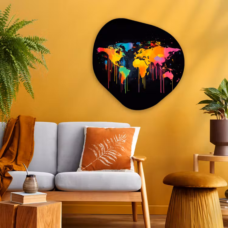 Wereldkaart - Verf - Kleurrijk - Graffiti - Wereld Wandcirkel Organisch Plexiglas middel -sfeer4
