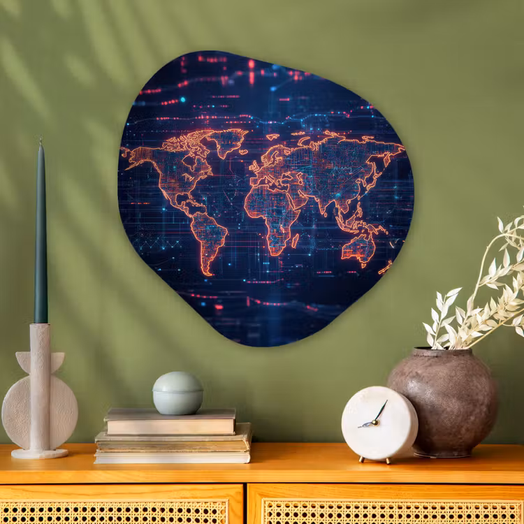 Wereldkaart - Futuristisch - Oranje Wandcirkel Organisch Plexiglas middel -sfeer2