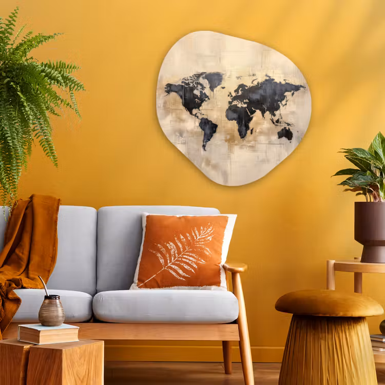 Wereldkaart - Goud - Zwart - Abstract Wandcirkel Organisch Plexiglas middel -sfeer4
