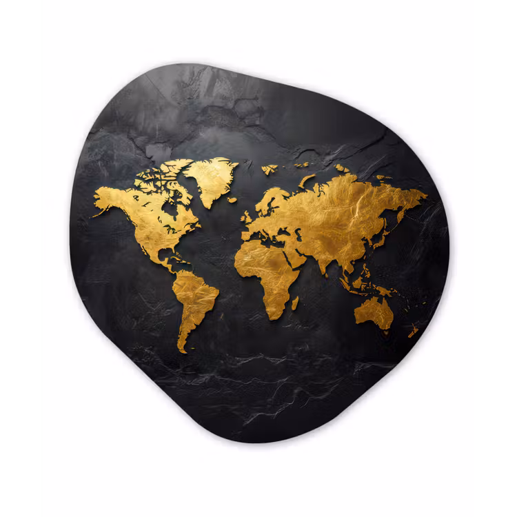 Wereldkaart - Goud - Steen Wandcirkel Organisch Plexiglas middel -3d