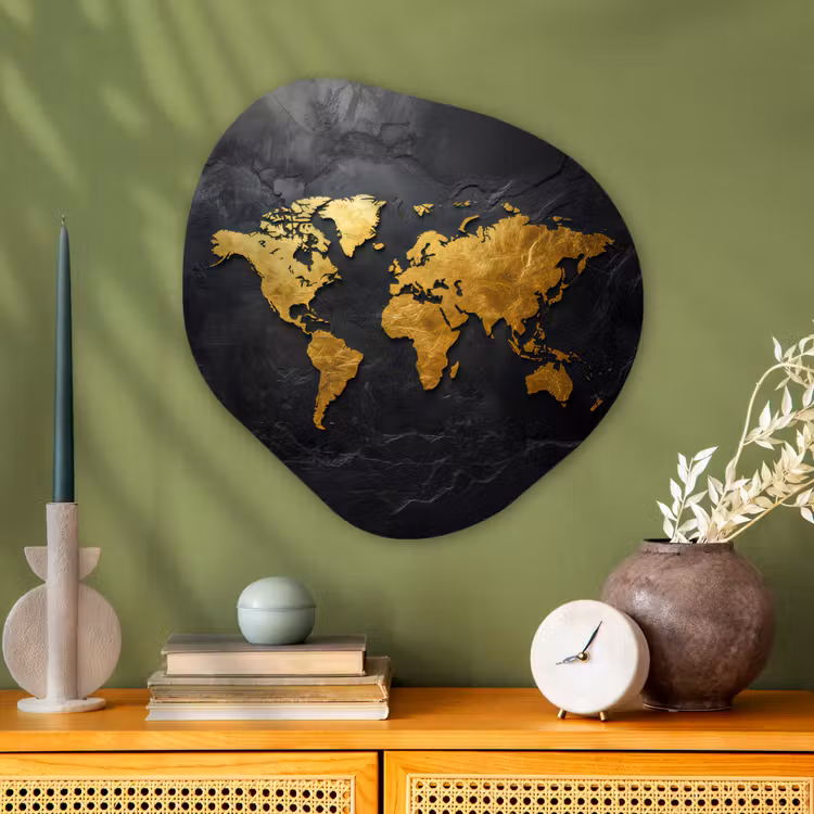 Wereldkaart - Goud - Steen Wandcirkel Organisch Plexiglas middel -sfeer2