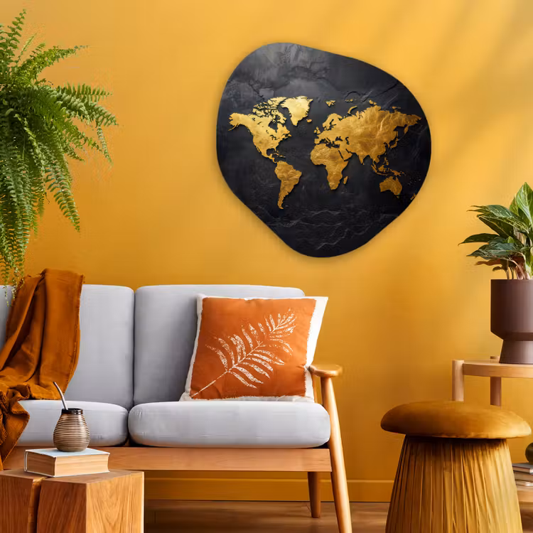 Wereldkaart - Goud - Steen Wandcirkel Organisch Plexiglas middel -sfeer4