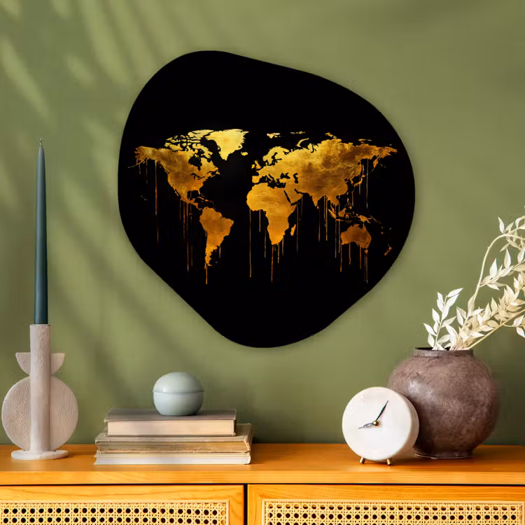 Wereldkaart - Goud - Druipen - Zwart Wandcirkel Organisch Plexiglas middel -sfeer2