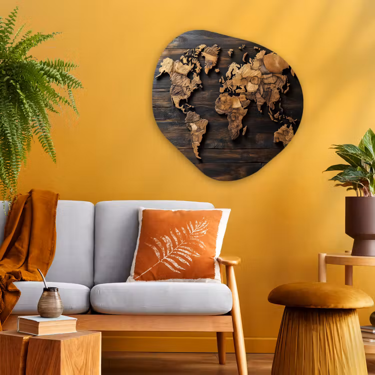 Wereldkaart - Hout - Mozaïek Wandcirkel Organisch Plexiglas middel -sfeer4