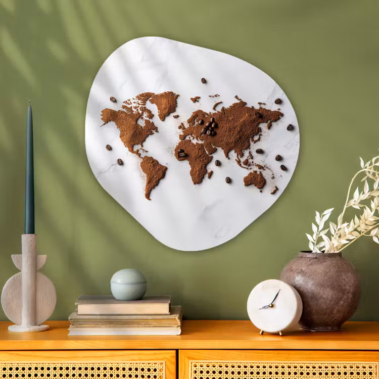 Wereldkaart - Koffie - Marmer Wandcirkel Organisch Plexiglas middel -sfeer2
