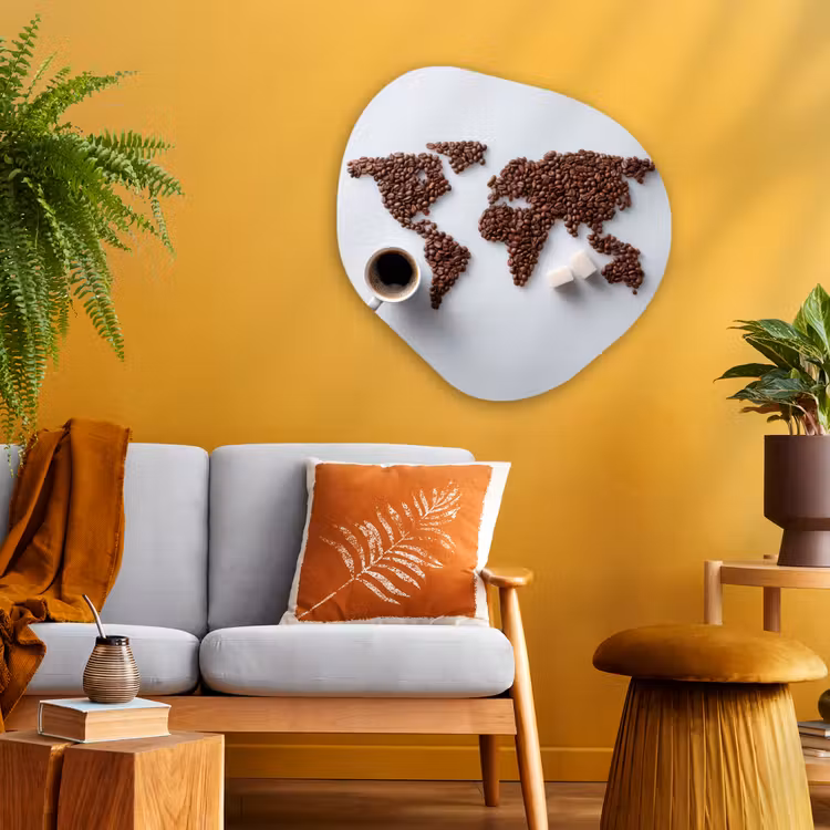 Wereldkaart - Koffiebonen - Suikerklontjes Wandcirkel Organisch Plexiglas middel -sfeer4