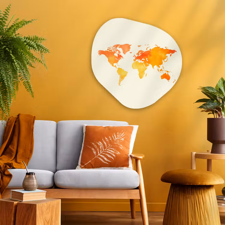 Wereldkaart - Oranje - Kleurrijk Wandcirkel Organisch Plexiglas middel -sfeer4