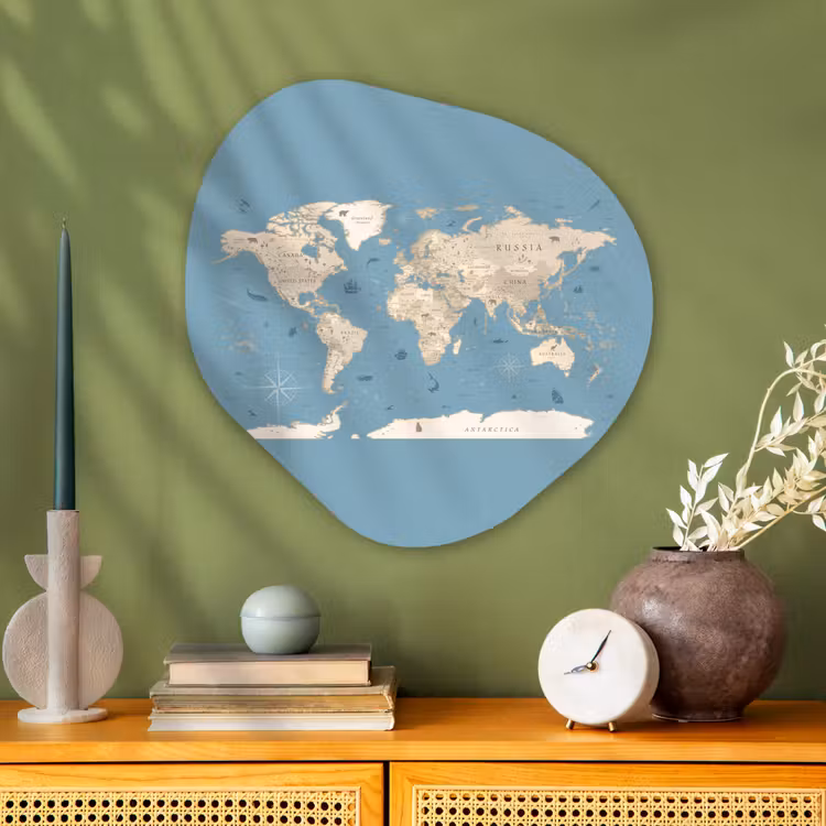 Wereldkaart - Oceaan - Realistisch - Blauw Wandcirkel Organisch Plexiglas middel -sfeer2