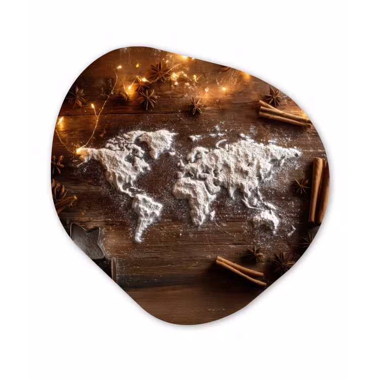 Wereldkaart - Poedersuiker - Hout Wandcirkel Organisch Plexiglas middel -3d
