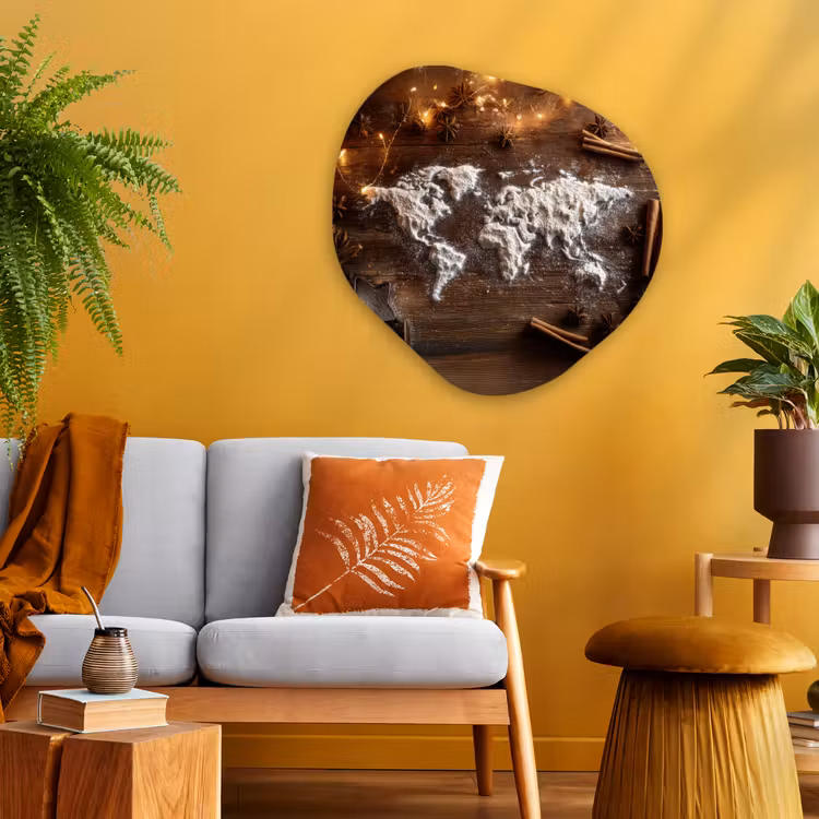 Wereldkaart - Poedersuiker - Hout Wandcirkel Organisch Plexiglas middel -sfeer4