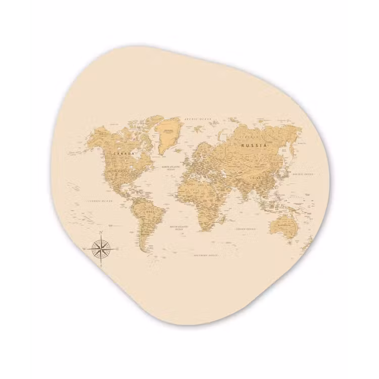 Wereldkaart - Realistisch - Beige Wandcirkel Organisch Plexiglas middel -3d