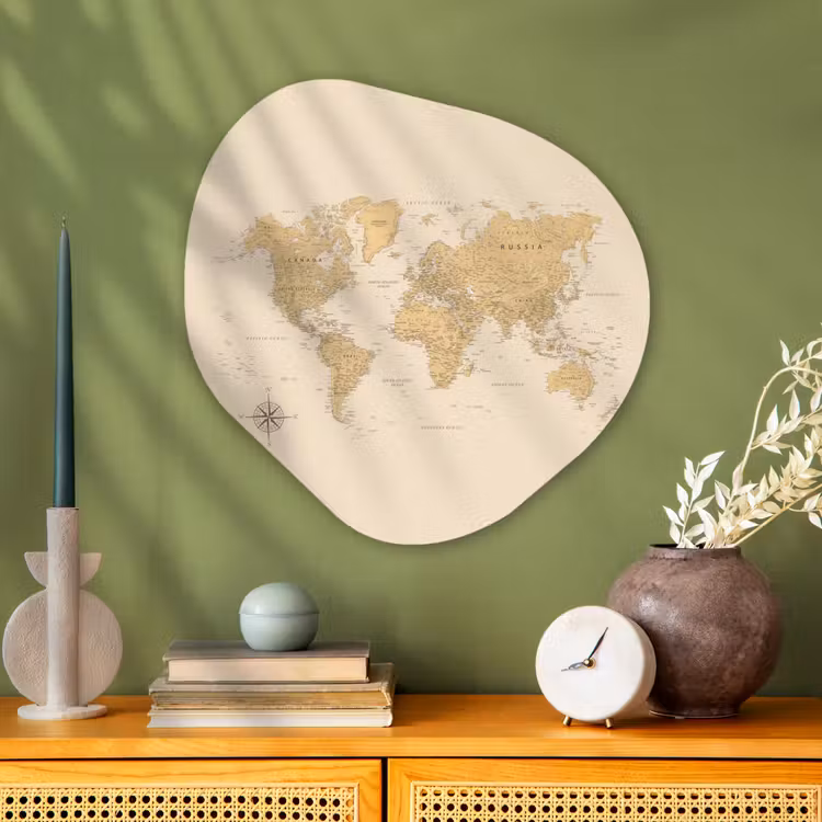 Wereldkaart - Realistisch - Beige Wandcirkel Organisch Plexiglas middel -sfeer2