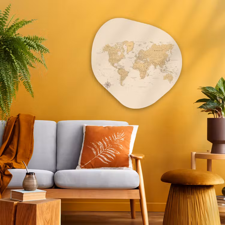 Wereldkaart - Realistisch - Beige Wandcirkel Organisch Plexiglas middel -sfeer4