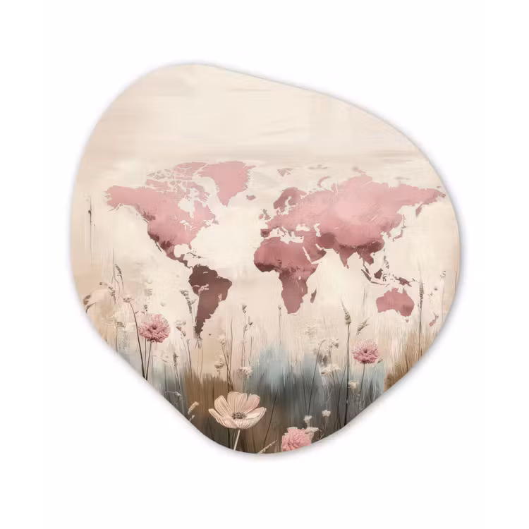 Wereldkaart - Roze - Bloemen Wandcirkel Organisch Plexiglas middel -3d