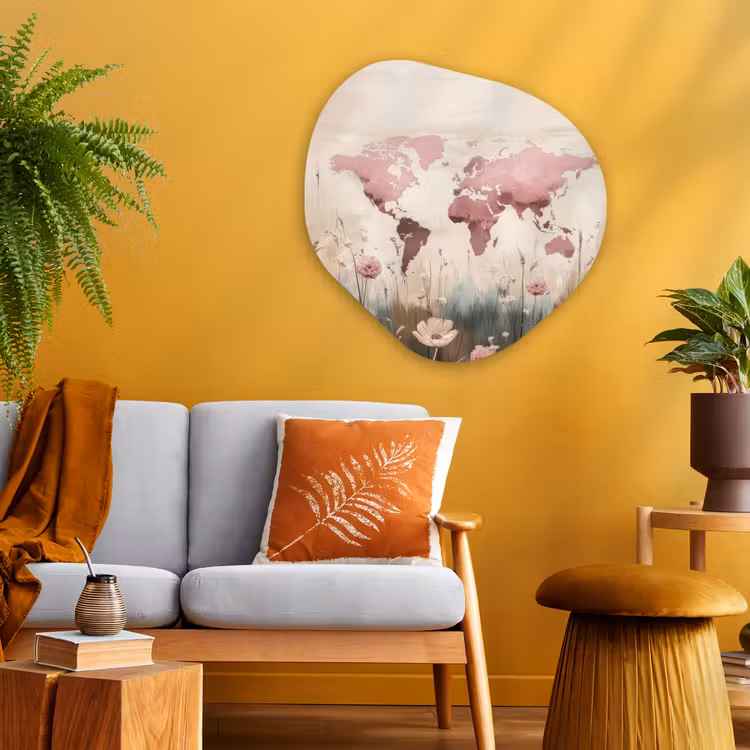 Wereldkaart - Roze - Bloemen Wandcirkel Organisch Plexiglas middel -sfeer4