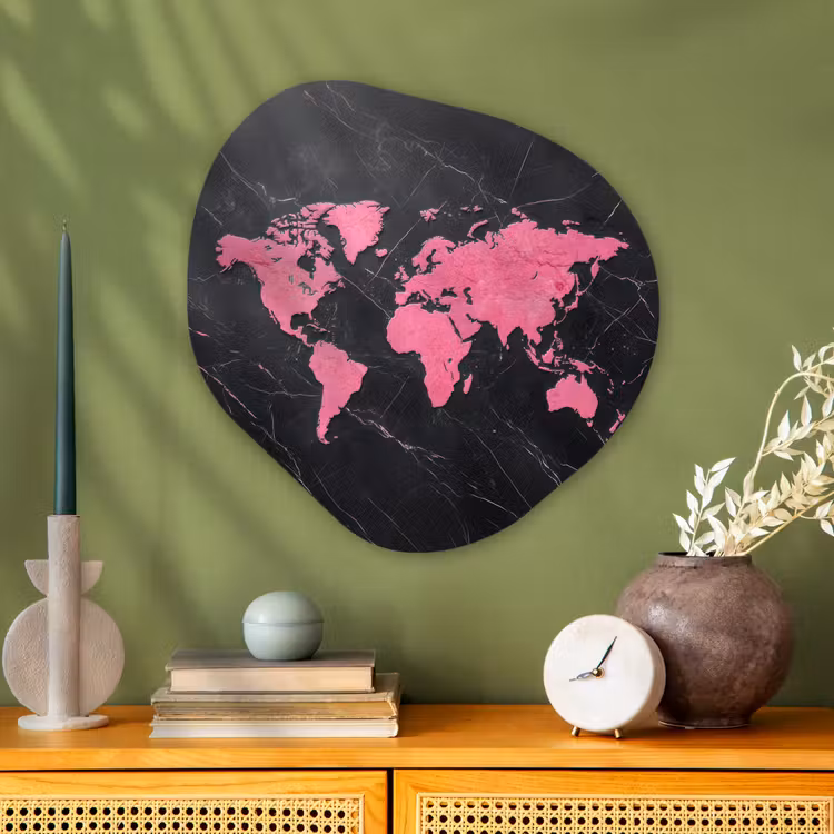 Wereldkaart - Roze - Marmer Wandcirkel Organisch Plexiglas middel -sfeer2