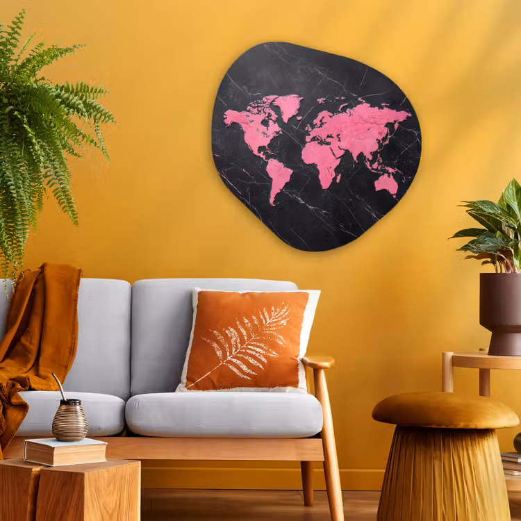 Wereldkaart - Roze - Marmer Wandcirkel Organisch Plexiglas middel -sfeer4