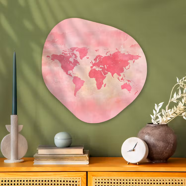 Wereldkaart - Roze - Vaag Wandcirkel Organisch Plexiglas middel -sfeer2
