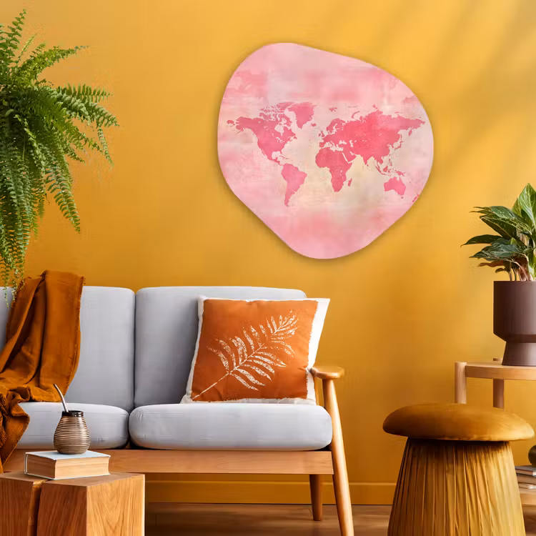 Wereldkaart - Roze - Vaag Wandcirkel Organisch Plexiglas middel -sfeer4