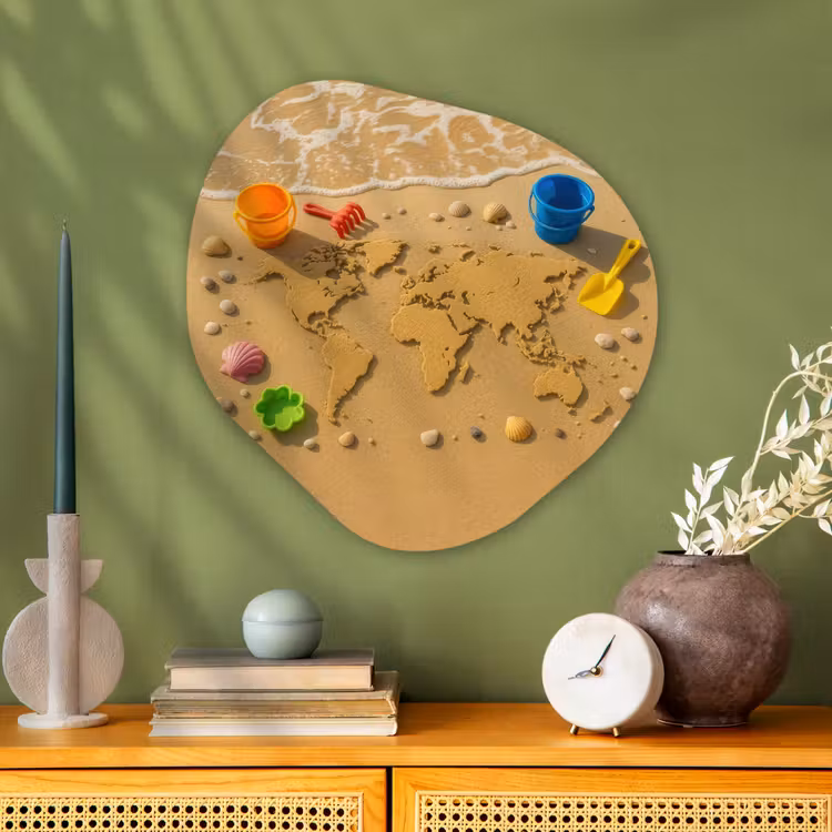 Wereldkaart - Zand - Kleurrijk - Zomer Wandcirkel Organisch Plexiglas middel -sfeer2