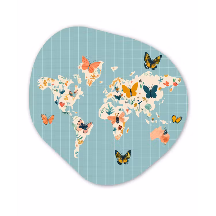 Wereldkaart - Vlinders - Dromerig Wandcirkel Organisch Plexiglas middel -3d
