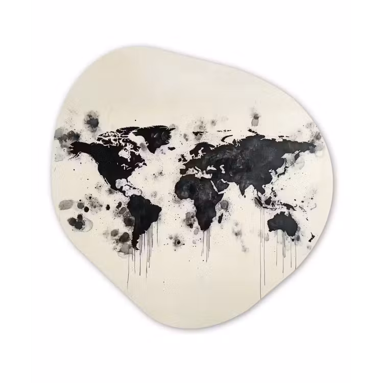Wereldkaart - Zwart - Inkt Wandcirkel Organisch Plexiglas middel -3d