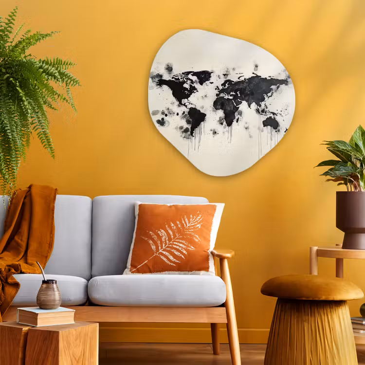 Wereldkaart - Zwart - Inkt Wandcirkel Organisch Plexiglas middel -sfeer4