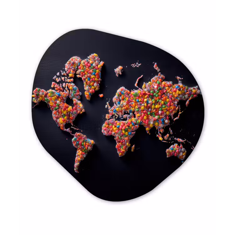 Wereldkaart - Snoepjes - Felle kleuren Wandcirkel Organisch Plexiglas middel -3d