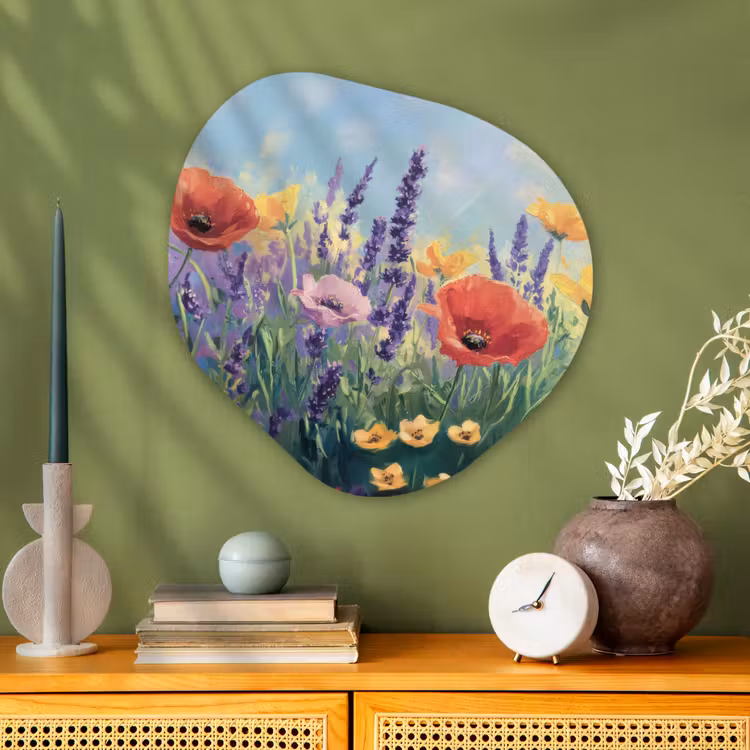 Weide - Bloemen - Kleurrijk Wandcirkel Organisch Plexiglas middel -sfeer2