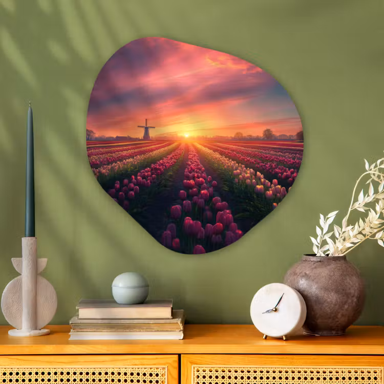 Windmolen - Zonsondergang - Landschap Wandcirkel Organisch Plexiglas middel -sfeer2