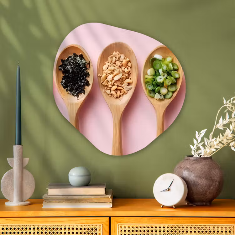 Ingrediënten - Lepels - Hout - Roze Wandcirkel Organisch Plexiglas middel -sfeer2