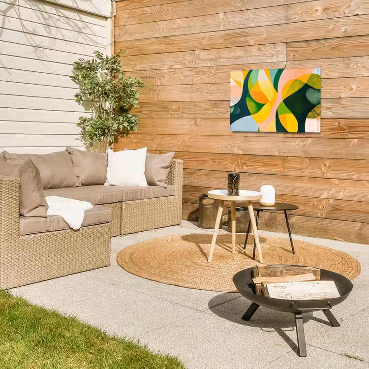 Abstract - Geel - Roze - Groen Tuinposter op houten frame 2 cm dik klein -sfeer2