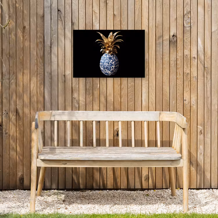 Ananas - Bloemen patroon - Goud - Delftsblauw Tuinposter op houten frame 2 cm dik klein -sfeer4