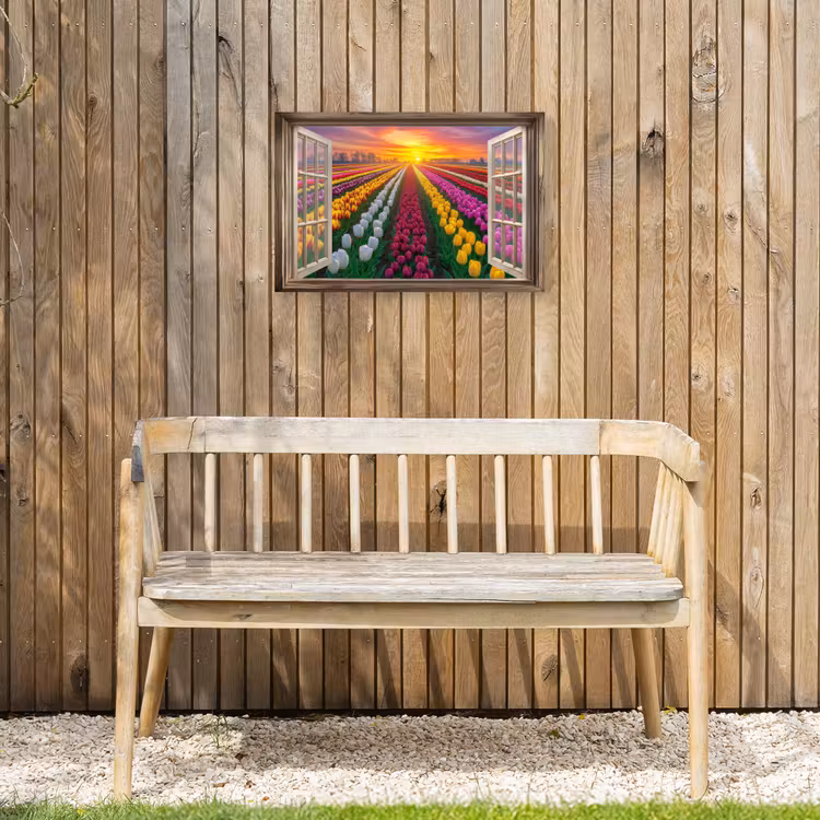 Doorkijk - Bloemen - Tulpen - Kleurrijk - Zonsondergang Tuinposter op houten frame 2 cm dik klein -sfeer4