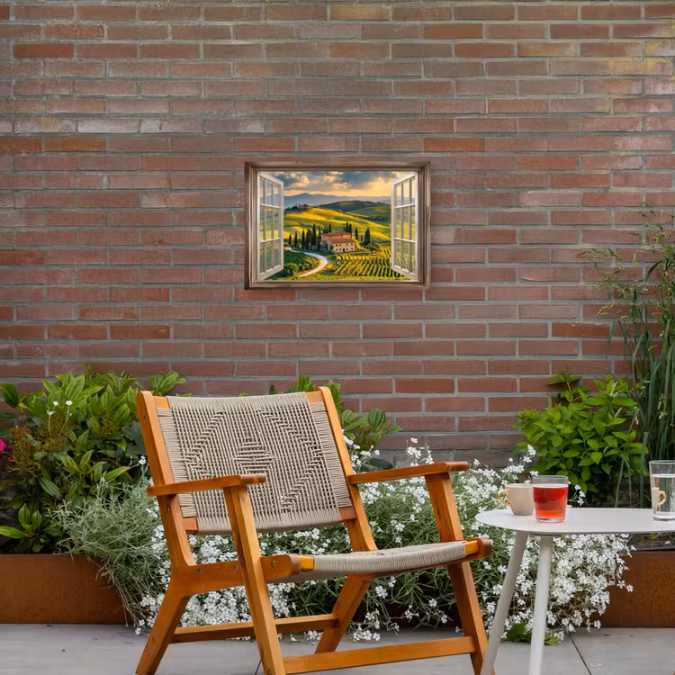 Doorkijk - Toscane - Uitzicht - Landschap - Zomer Tuinposter op houten frame 2 cm dik klein -sfeer3