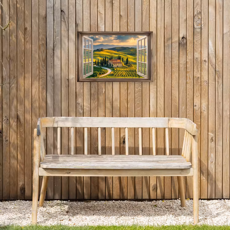 Doorkijk - Toscane - Uitzicht - Landschap - Zomer Tuinposter op houten frame 2 cm dik klein -sfeer4