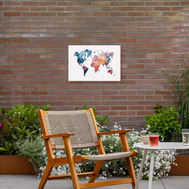 Waterverf - Blauw - Geschilderd - Wereldkaart Tuinposter op houten frame 2 cm dik klein -sfeer3