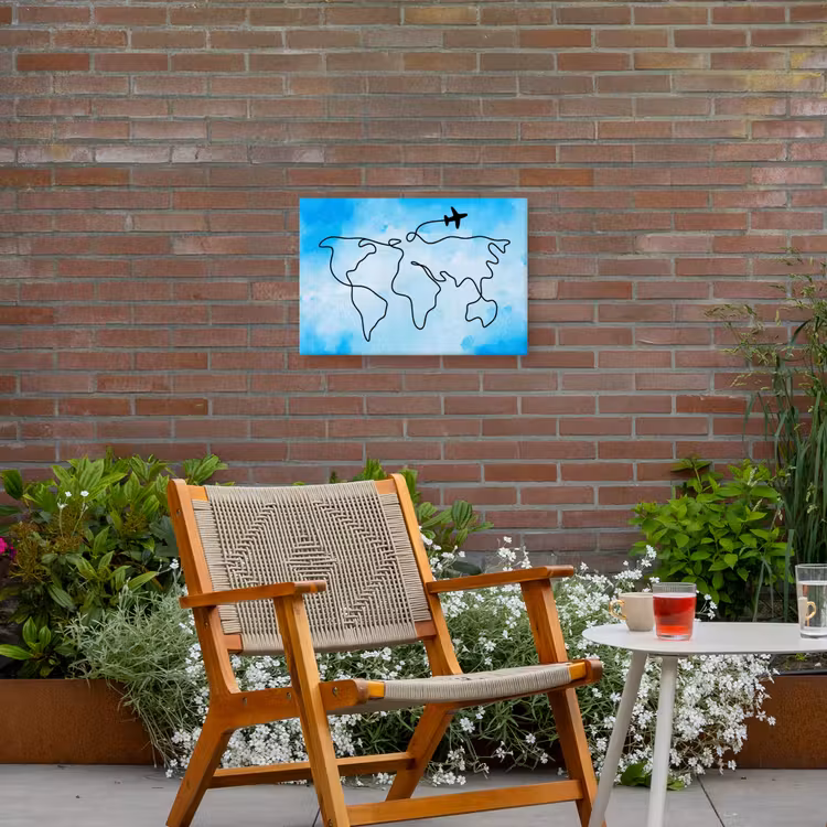 Aquarel - Blauw - Wereldkaart - Vliegtuig Tuinposter op houten frame 2 cm dik klein -sfeer3