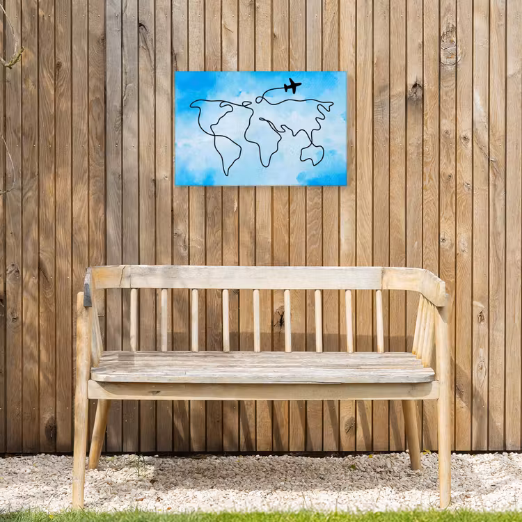 Aquarel - Blauw - Wereldkaart - Vliegtuig Tuinposter op houten frame 2 cm dik klein -sfeer4