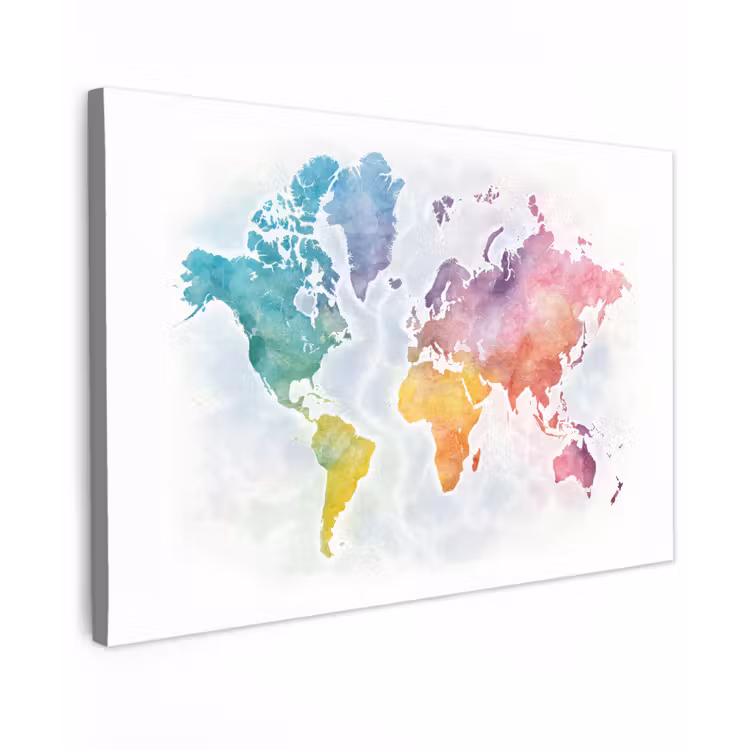 Waterverf - Wereldkaart - Continenten Tuinposter op houten frame 2 cm dik klein -3d