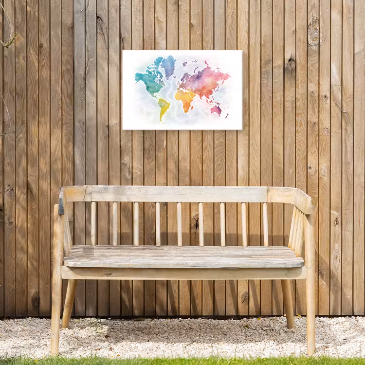 Waterverf - Wereldkaart - Continenten Tuinposter op houten frame 2 cm dik klein -sfeer4