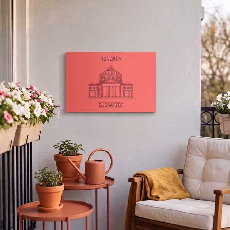 Architectuur - Boekarest - Stedelijk - Lijntekening - Rood Tuinposter op houten frame 2 cm dik klein -sfeer1