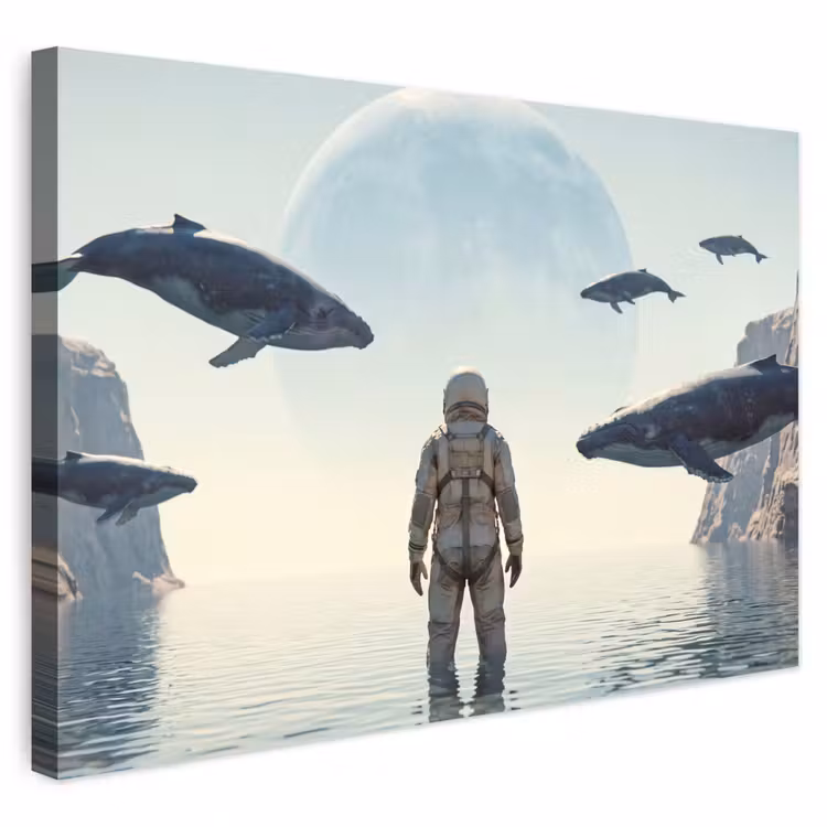 Outdoor Leinwand - Astronaut – Wal – Fantasie - Ruimtevaarder - Walvis - Fantasie Tuinposter op houten frame 2 cm dik klein