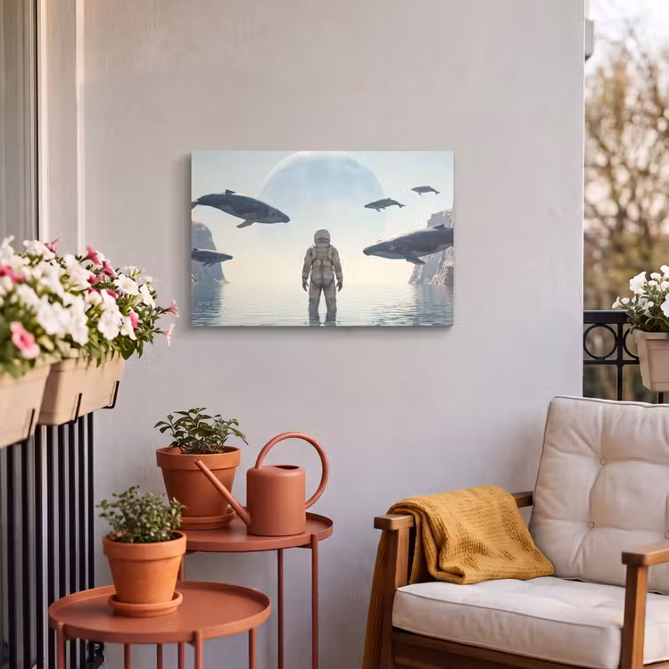 Outdoor Leinwand - Astronaut – Wal – Fantasie - Ruimtevaarder - Walvis - Fantasie Tuinposter op houten frame 2 cm dik klein